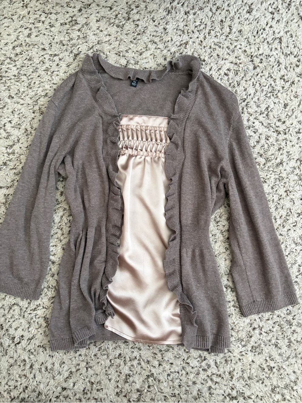 Y2k Apt. 9 Taupe Ruffled Open Cardigan with Blush Satin Panel